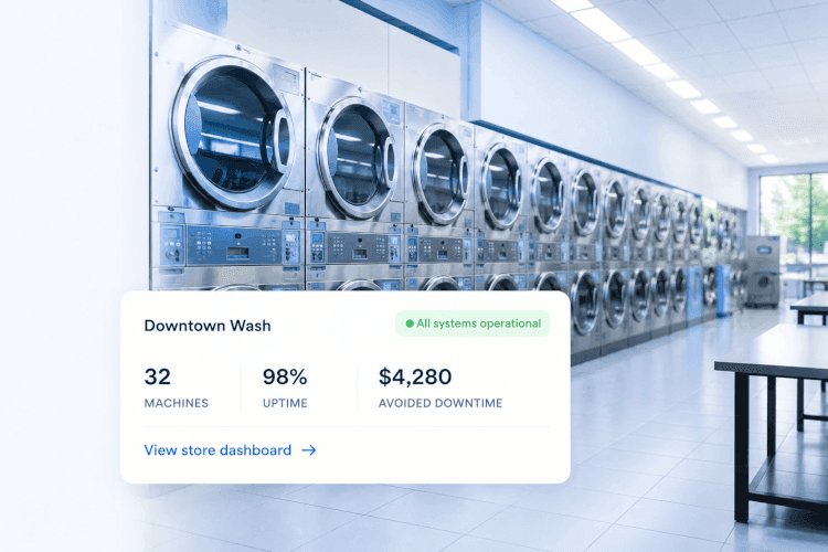 Clean laundromat aisle with rows of commercial washing machines