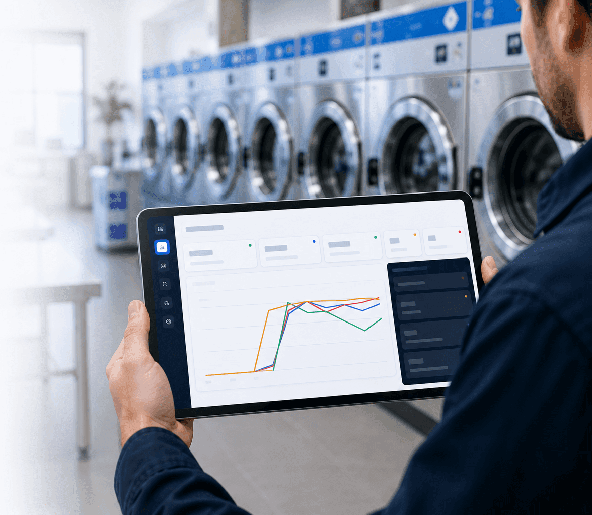 Operator reviewing the LaundryManagerPro dashboard on a tablet in front of a row of washers